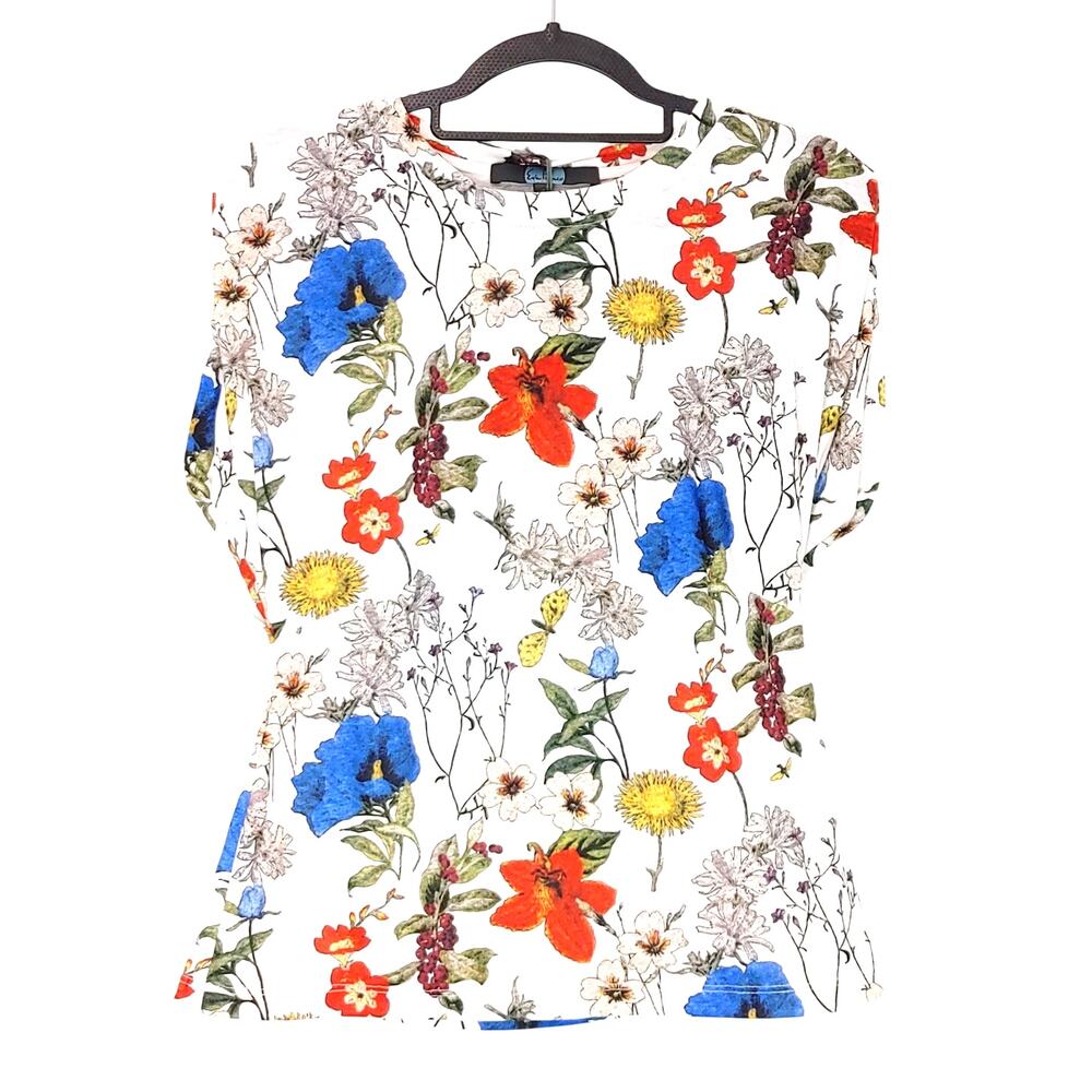 Eva Franco Floral Blouse Top Short Sleeve Crew Neck White Multicolor Womens Sz 4